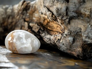 Poster - Polished white and brown gemstone rests on dark wood beside weathered driftwood.