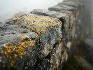 Poster - Rain-soaked stone wall with yellow lichen.