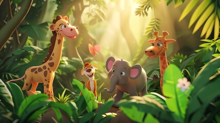 Wall Mural - A cartoon style illustration of an elephant, a cheetah and two giraffes in a jungle setting.