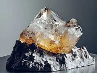 Poster - Smoky quartz crystal cluster on stone base.