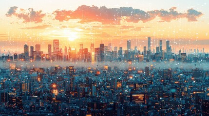 Poster - Futuristic Cityscape at Sunset Digital Art Smart City Network Technology