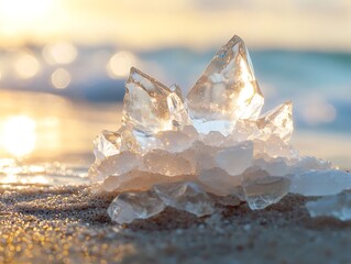 Poster - Sunrise illuminates crystalline salt formation on beach sand.