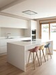 © JAYDA RIN - Minimalist kitchen with a white island and multicolored barstools for a playful touch   white island, colorful barstools, modern kitchen