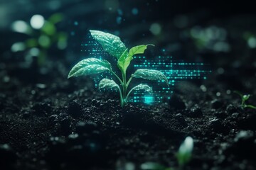 Aufkleber - A young plant seedling grows in rich soil, surrounded by a digital stream of data. The plant represents growth, innovation, and the future.