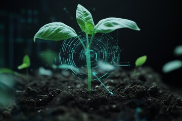 Aufkleber - A young green sprout growing from rich dark soil with glowing futuristic digital patterns swirling around it.