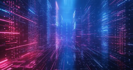 Aufkleber - Abstract digital tunnel with neon lights, glowing lines, and a futuristic background.