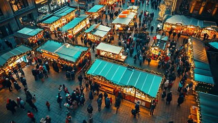 Canvas Print - Christmas market stalls with a heatmap overlay, highlighting the busiest areas in vibrant oranges and the quieter spots in cool blues. . 4K Video