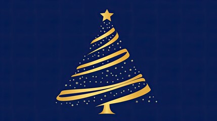 Fototapete - A stylized Christmas tree with curving golden lines and subtle sparkles on a royal blue background.
