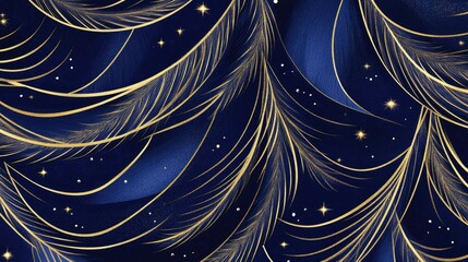 Fototapete - A stylized Christmas tree with curving golden lines and subtle sparkles on a royal blue background.
