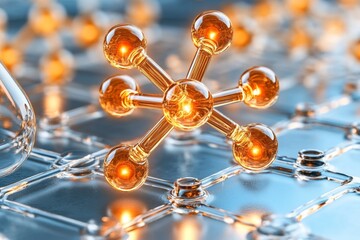 Poster - A close-up view of a molecule formed by atoms connected with glowing bonds, set in a laboratory environment