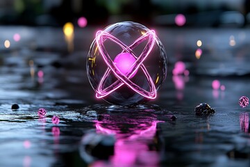 Poster - A cyberpunk-themed atom glowing with neon lights and surrounded by digital particles, floating in a holographic display