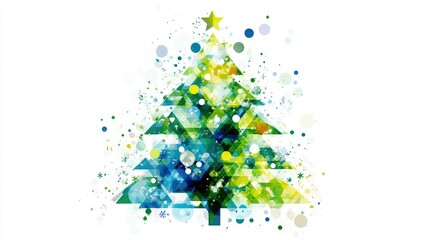 Fototapete - Abstract Christmas tree in vibrant greens and blues with geometric patterns, placed on a glossy white card.