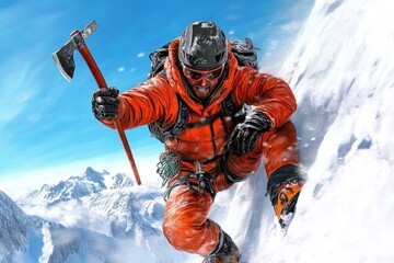 Poster - A digital illustration of a mountaineer wielding an axe pick while scaling a jagged ice wall, with dynamic lighting and vivid textures