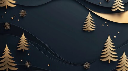 Poster - Abstract template with gold tree shapes, geometric lines, and Merry Christmas wishes in an elegant minimalist design.