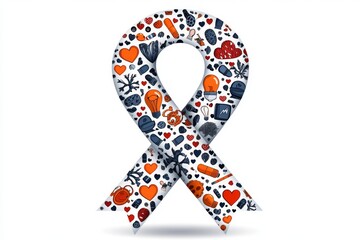 Aufkleber - A flat 2D design of an awareness ribbon made up of small icons like hearts, trees, and lightbulbs, set on a clean white background