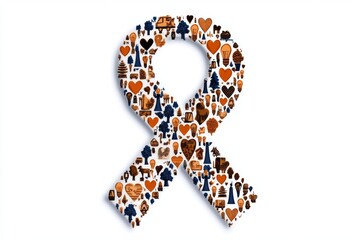 Aufkleber - A flat 2D design of an awareness ribbon made up of small icons like hearts, trees, and lightbulbs, set on a clean white background