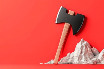 Poster - A flat graphic of an axe pick head with modern, sleek curves, surrounded by abstract mountain shapes