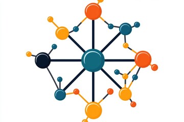 Poster - A flat, modern illustration of interconnected atoms forming a molecule, drawn in vibrant colors on a clean white background