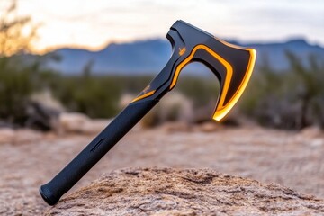 Poster - A futuristic axe pick with glowing neon edges and a carbon fiber handle, set against a high-tech mountain climbing background