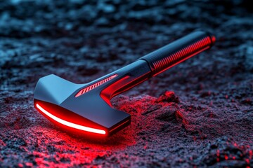 Poster - A futuristic axe pick with glowing neon edges and a carbon fiber handle, set against a high-tech mountain climbing background