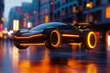 Aufkleber - A futuristic car concept with glowing wheels and a sleek, aerodynamic design floating above a neon-lit cityscape