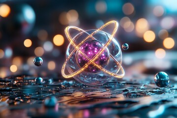 Poster - A futuristic holographic display of an atom, with neon-lit orbits and floating, labeled particles in a dark sci-fi setting