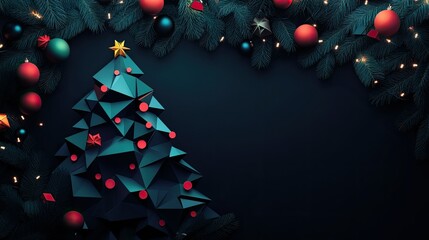 Fototapete - Dark geometric Christmas tree frame with moody colors and shadows