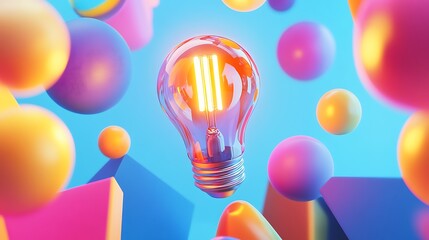 Poster - 3d rendering of a lightbulb floating among the colorful balls - Generated AI