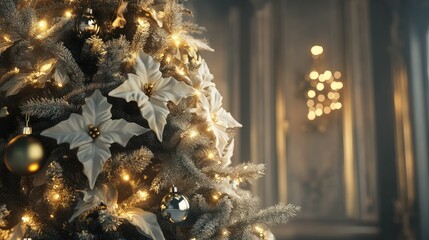 Fototapete - Elegant Christmas tree with delicate ornaments and soft lighting