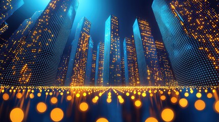 Poster - Futuristic Cityscape Digital Buildings Glowing Lights Technology Network Innovation Smart City