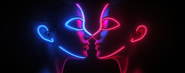 Poster - Neon Glow Two Faces Pink Blue Light Abstract Portrait