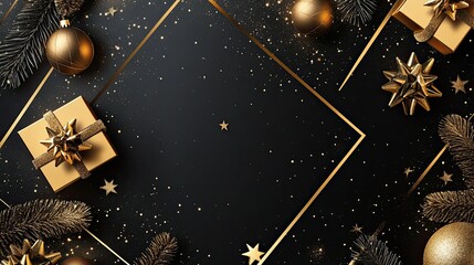 Leinwandbilder - Elegant design template with gold geometric frames and retro holiday elements, perfect for Merry Christmas and New Year wishes.