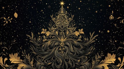 Fototapete - Elegant outline of a Christmas tree with delicate details and gold accents
