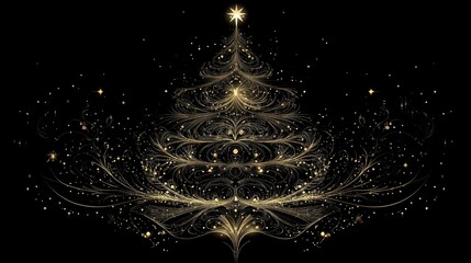 Fototapete - Elegant outline of a Christmas tree with delicate details and gold accents