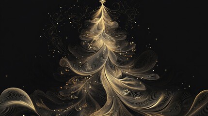 Fototapete - Elegant outline of a Christmas tree with delicate details and gold accents