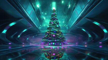 Wall Mural - futuristic christmas tree with neon lights and geometric ornaments, reflecting on a mirrored surface