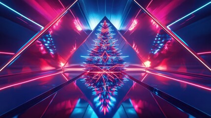 Wall Mural - futuristic christmas tree with neon lights and geometric ornaments, reflecting on a mirrored surface