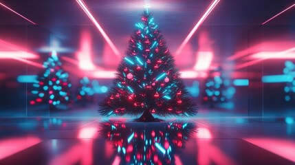 Wall Mural - futuristic christmas tree with neon lights and geometric ornaments, reflecting on a mirrored surface