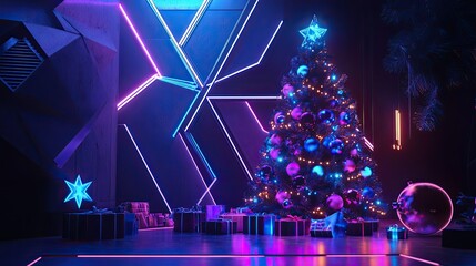Wall Mural - futuristic christmas tree with neon lights and geometric ornaments