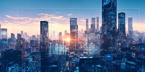 Poster - Virtual world with pixelated skyscrapers and circuit patterns on the streets, 4K Video