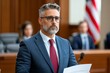 © Thanyarat - An attorney standing confidently in a courtroom, holding a legal brief while addressing the judge and jury