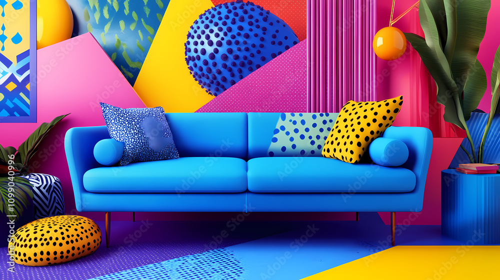 Ilustración de Stock Blue sofa in room with abstract geometric shapes ...