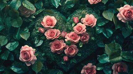 Wall Mural - Pink rose heart with green leaves