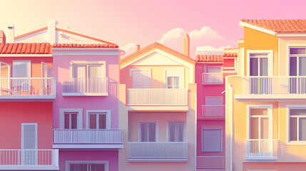 Close up of coastal homes. beautiful postmodern buildings. fantastic pink walls of buildings in sunset lighting. Postmodern. Illustration