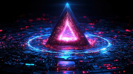 Poster - Futuristic Triangle Hologram Sci Fi Energy Portal Glowing Neon Light Abstract Background