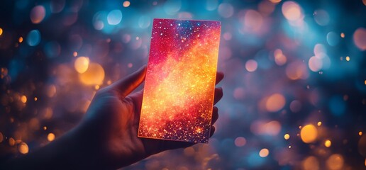 Wall Mural - Hand holding phone displaying vibrant nebula image against a bokeh background.