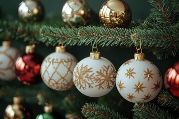 Wall Mural - Elegant Gold White Christmas Ornaments on Green Fir Tree