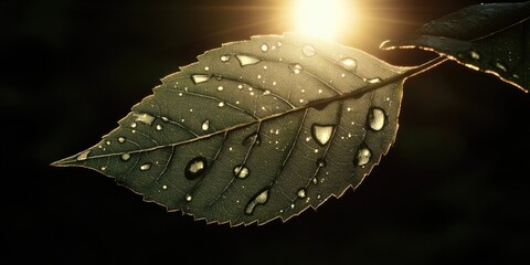 Wall Mural - Green leaf with water droplets