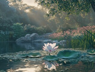 Wall Mural - Pink flower in pond