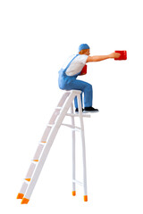 Wall Mural - A miniature figurine of a painter seated on a ladder, holding a paint can and brush.isolate on white back ground with clipping path